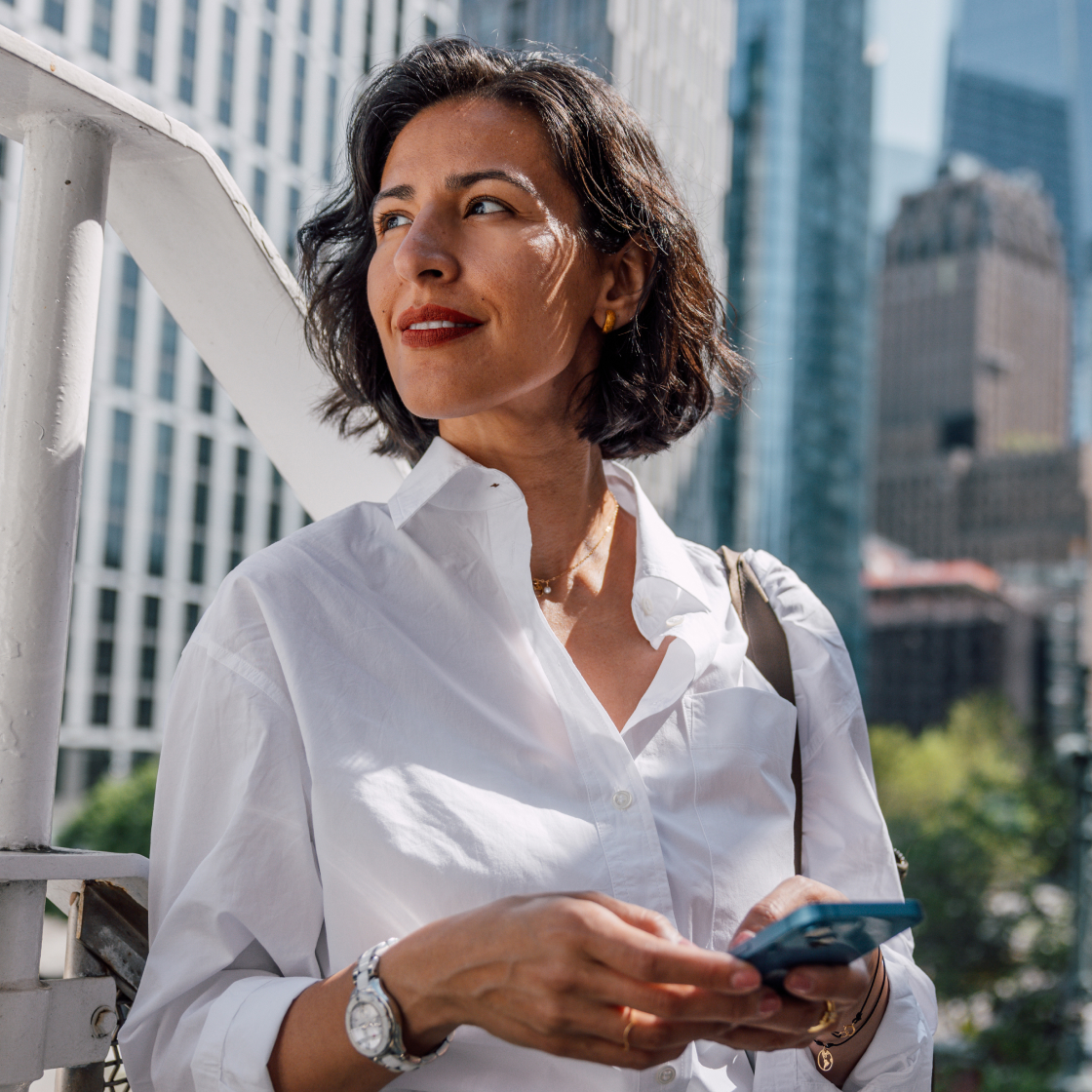Legal intake specialist on phone outside office