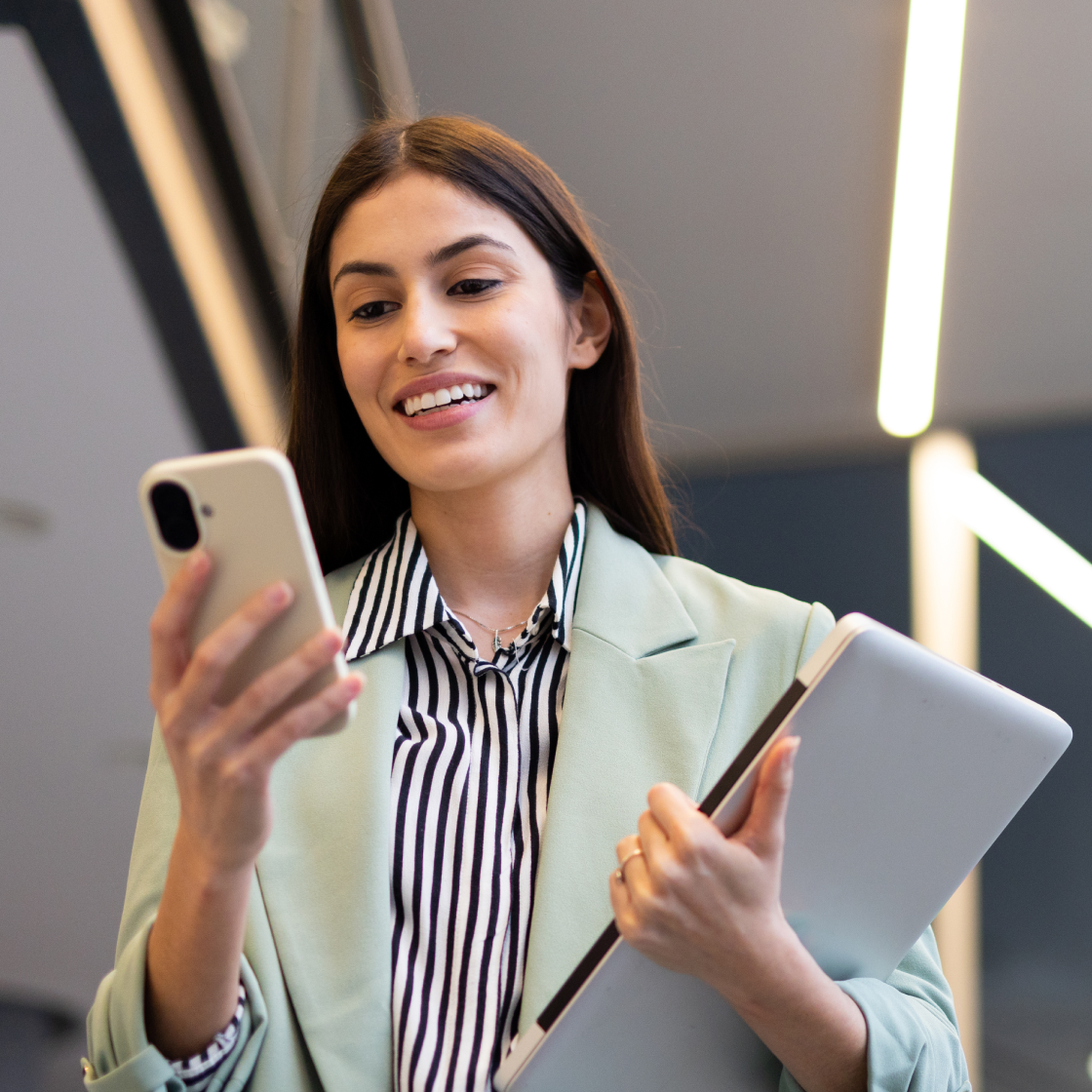 cheerful-woman-advocate-walking-hallway-checking-